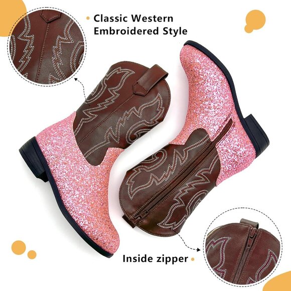 xinlanlin Kids Sequins Pink Embroidered Square Toe Mid Calf Glitter Western Boot - Picture 5 of 6